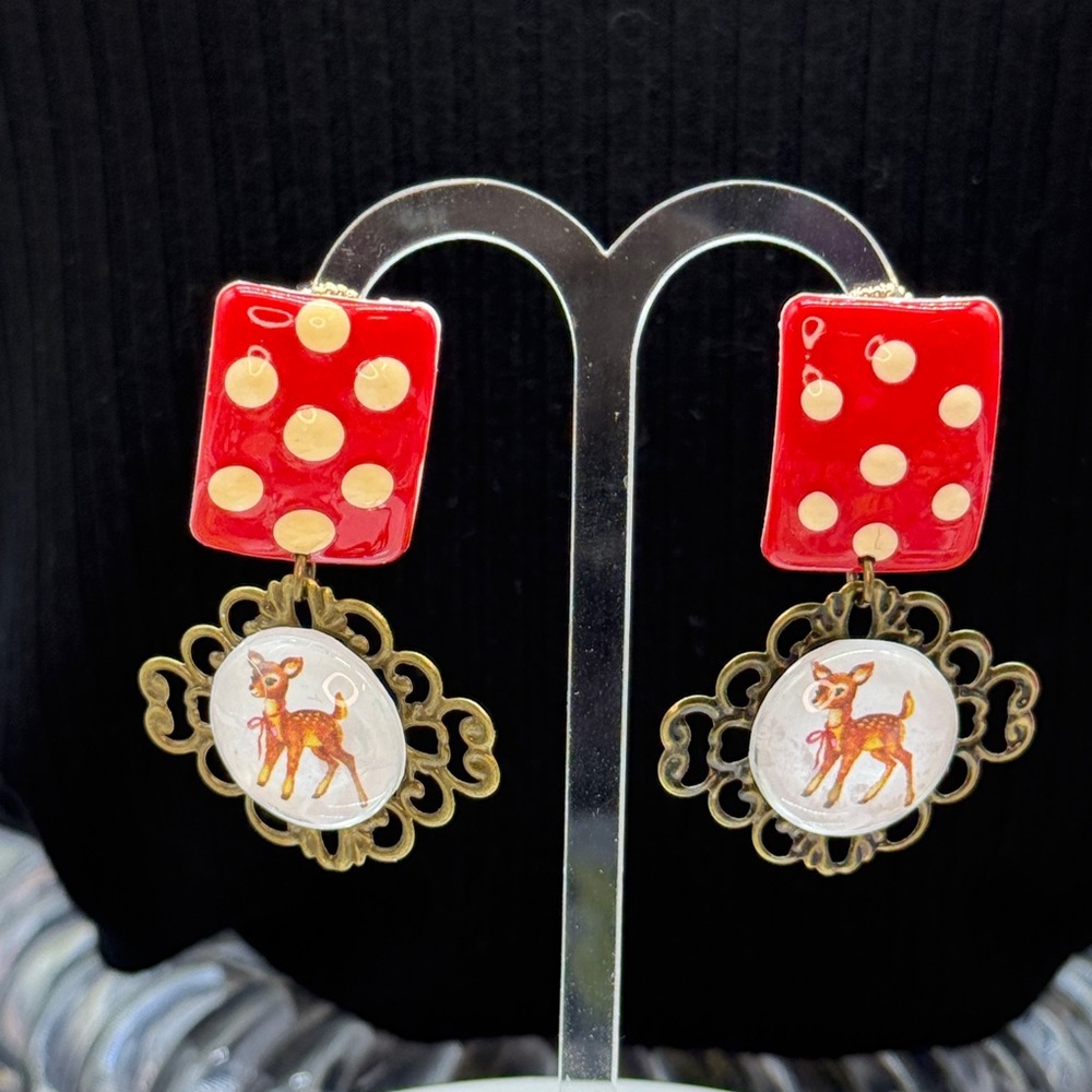 👑Adorned Crown Jewelry assemblage Christmas polka dot deer drop post earrings